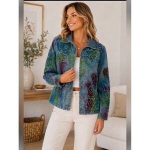 Vtg Chico's Design embroidered aqppliqué denim jacket women L boho wearable art